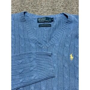 Polo Ralph Lauren Cable Knit Sweater Mens XL 100% Tussah Silk Blue V Neck